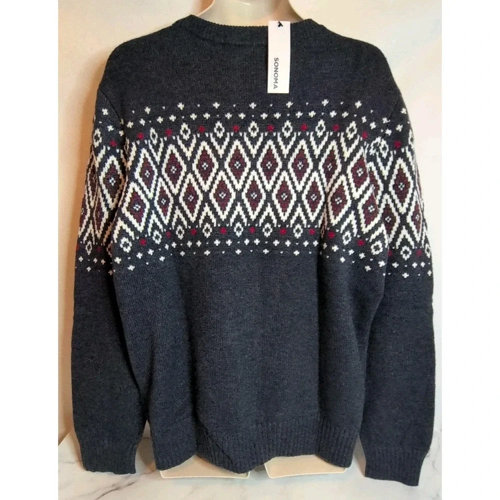 Sonoma Men's Crewneck‎ Sweater Fair Isle Pattern in Navy blue,White, Red 2XL New